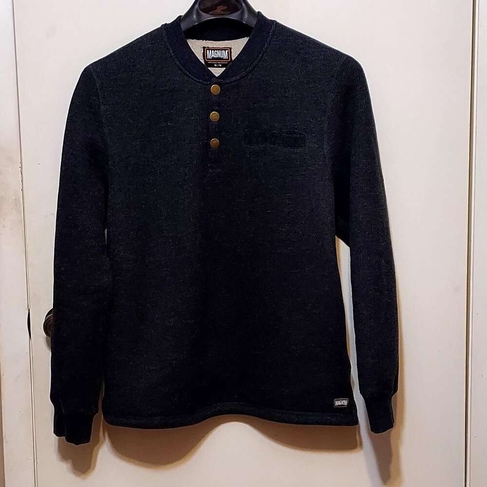 Magnum Mens Blue/ Gray Halney Polo Pullover Sz M Cotton/ Fleese Lined Long Sleev